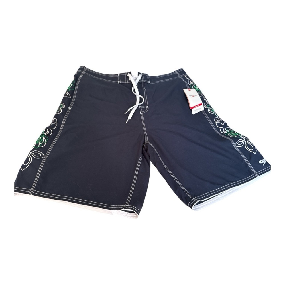 NWT Speedo Men XL Black Board Shorts Swim Trunks Floral Embroidered Side Panels
